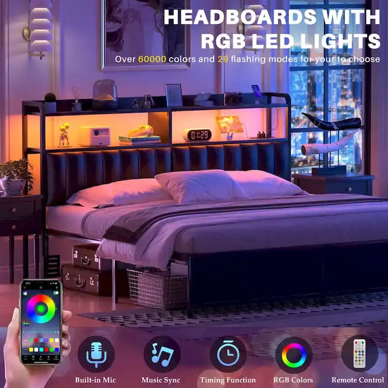 Têtes de lit rembourrées avec station de charge et lumière LED, tête de lit réglable en hauteur avec rangement