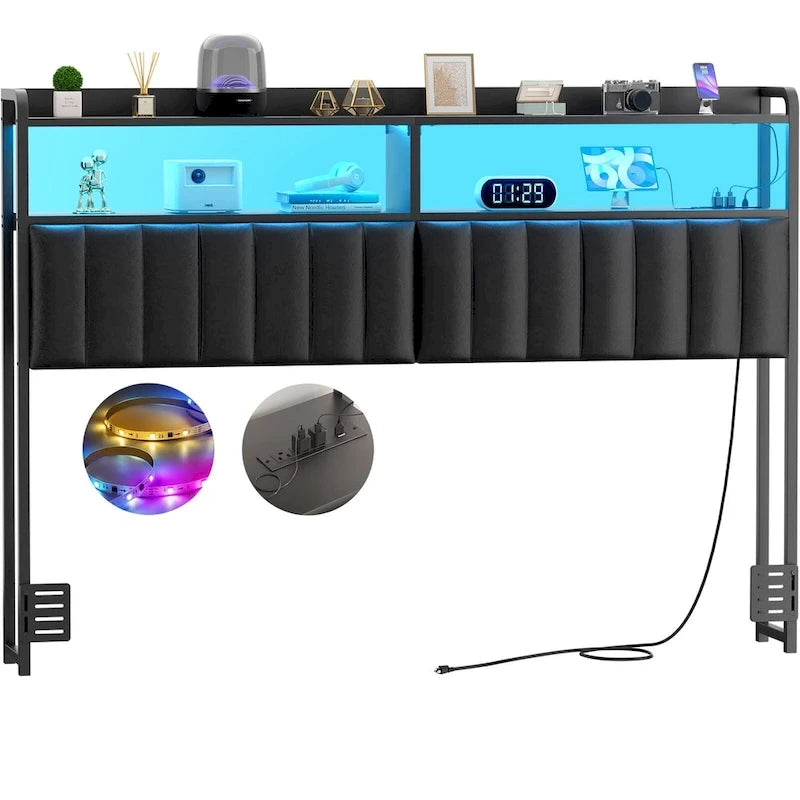Têtes de lit rembourrées avec station de charge et lumière LED, tête de lit réglable en hauteur avec rangement