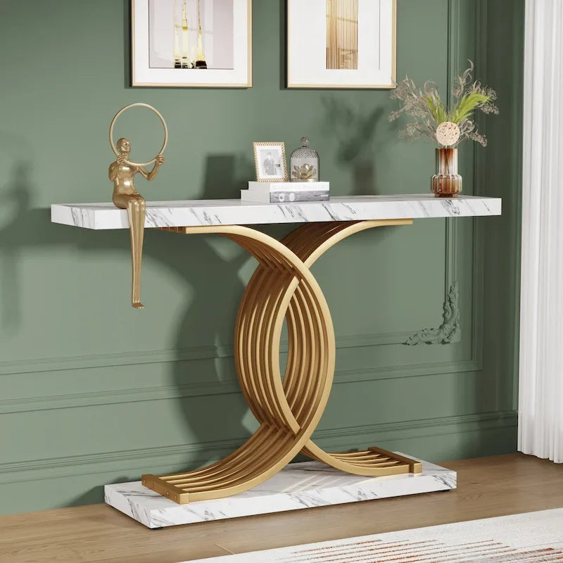 Table d'appoint moderne noire et dorée avec plateau en faux marbre, table de hall d'entrée en bois de 99 cm (39 pouces) avec pieds géométriques en métal.