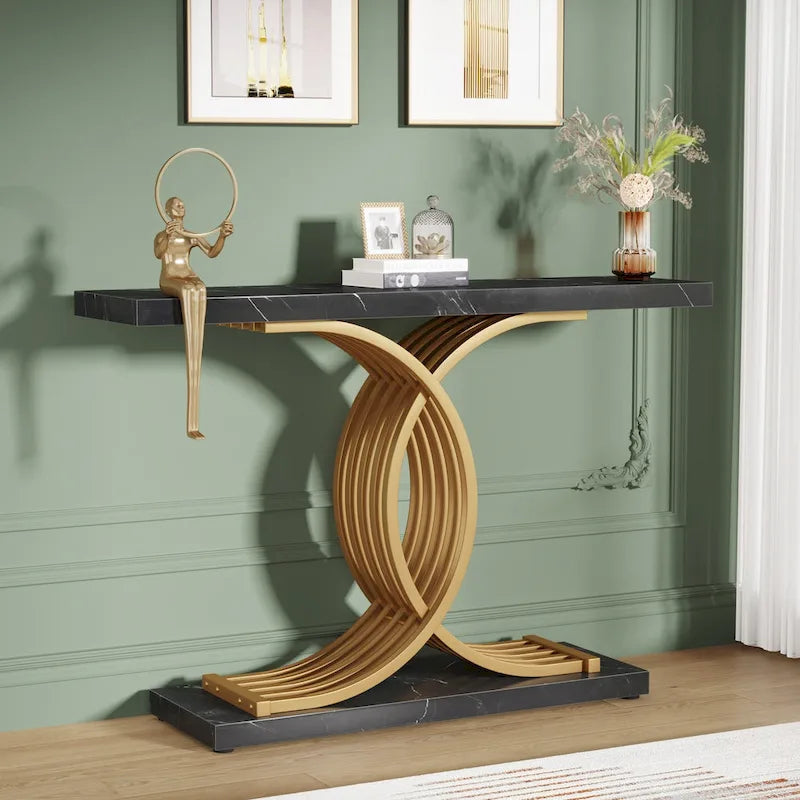 Table d'appoint moderne noire et dorée avec plateau en faux marbre, table de hall d'entrée en bois de 99 cm (39 pouces) avec pieds géométriques en métal.