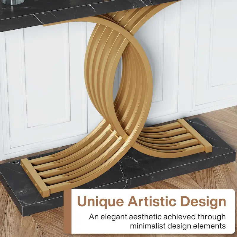 Table d'appoint moderne noire et dorée avec plateau en faux marbre, table de hall d'entrée en bois de 99 cm (39 pouces) avec pieds géométriques en métal.