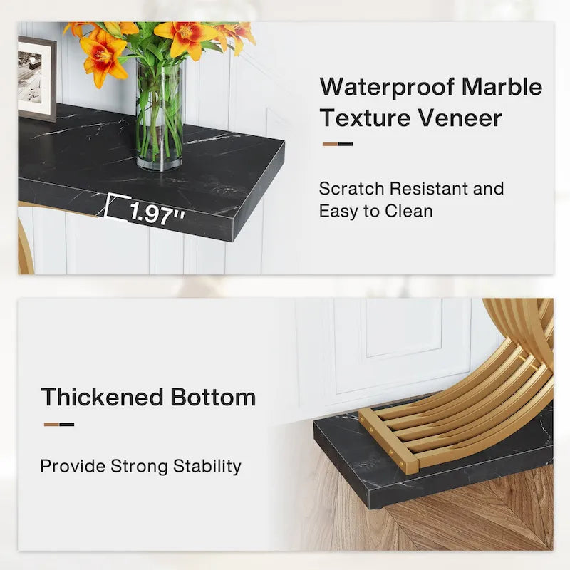 Table d'appoint moderne noire et dorée avec plateau en faux marbre, table de hall d'entrée en bois de 99 cm (39 pouces) avec pieds géométriques en métal.