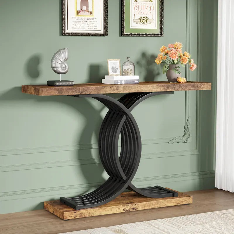 Table d'appoint moderne noire et dorée avec plateau en faux marbre, table de hall d'entrée en bois de 99 cm (39 pouces) avec pieds géométriques en métal.