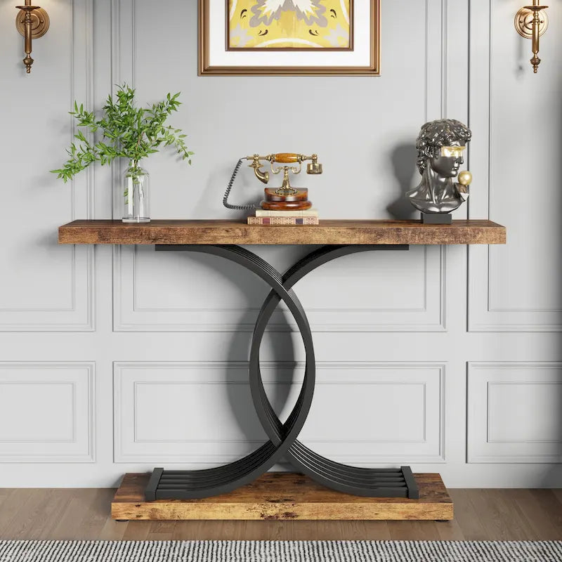 Table d'appoint moderne noire et dorée avec plateau en faux marbre, table de hall d'entrée en bois de 99 cm (39 pouces) avec pieds géométriques en métal.