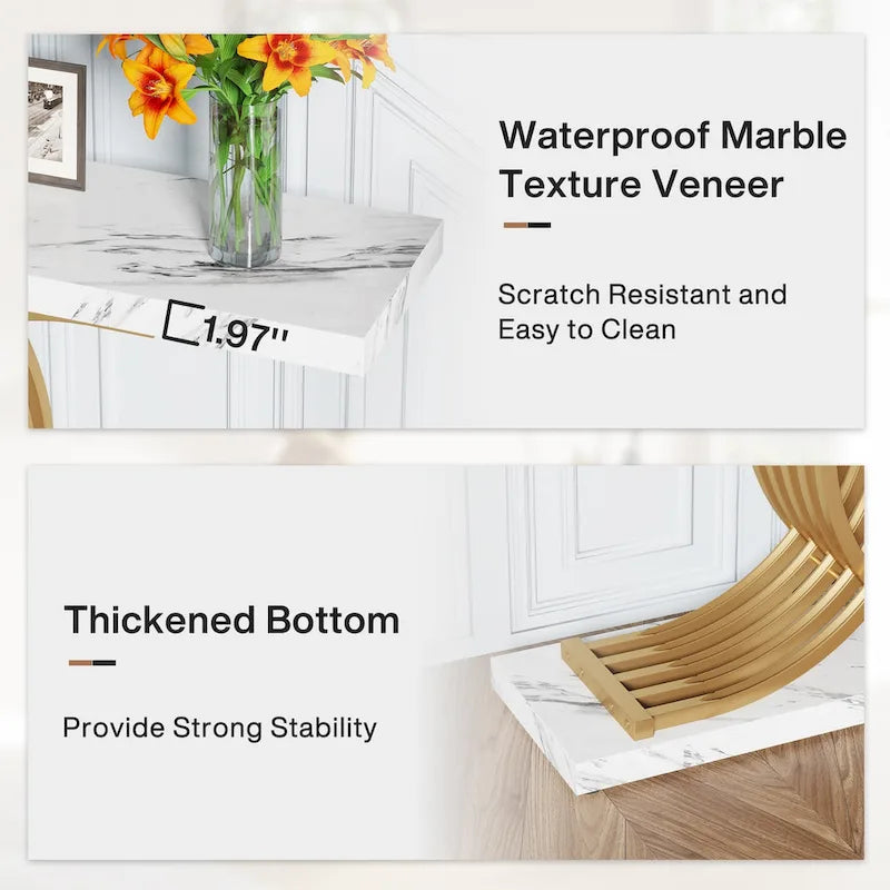 Table d'appoint moderne noire et dorée avec plateau en faux marbre, table de hall d'entrée en bois de 99 cm (39 pouces) avec pieds géométriques en métal.