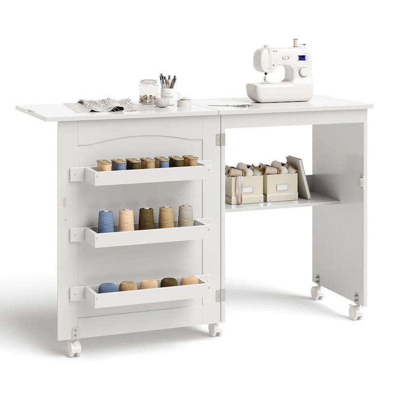 Costway White Folding Sewing Craft Table with Storage Shelves Cabinet - See details