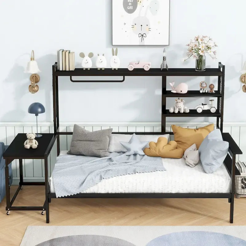 Versatile Daybed with Movable Desk, Metal Sofa Bed Frame with Metal Grid, Shelves and Clothes Hanger, No Box Spring Needed