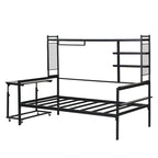 Lit de jour polyvalent avec bureau amovible, cadre de canapé-lit en métal avec grille métallique, étagères et porte-vêtements, sommier non requis