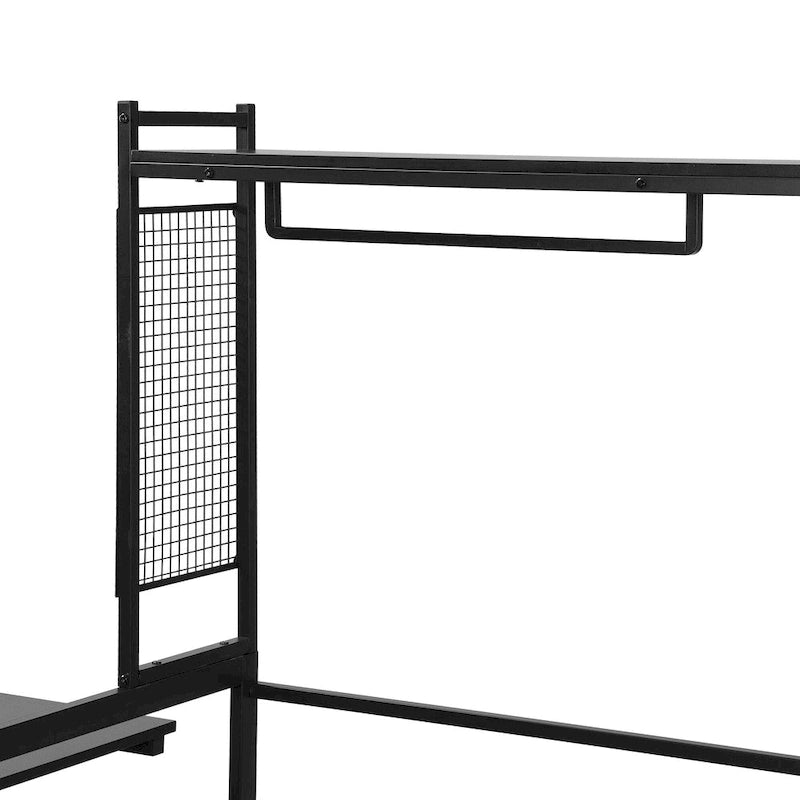 Lit de jour polyvalent avec bureau amovible, cadre de canapé-lit en métal avec grille métallique, étagères et porte-vêtements, sommier non requis