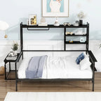 Lit de jour polyvalent avec bureau amovible, cadre de canapé-lit en métal avec grille métallique, étagères et porte-vêtements, sommier non requis