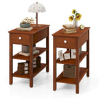 Gymax 2 PCS Narrow End Tables w/Drawer Shelves & Rubber Wood Legs Sofa