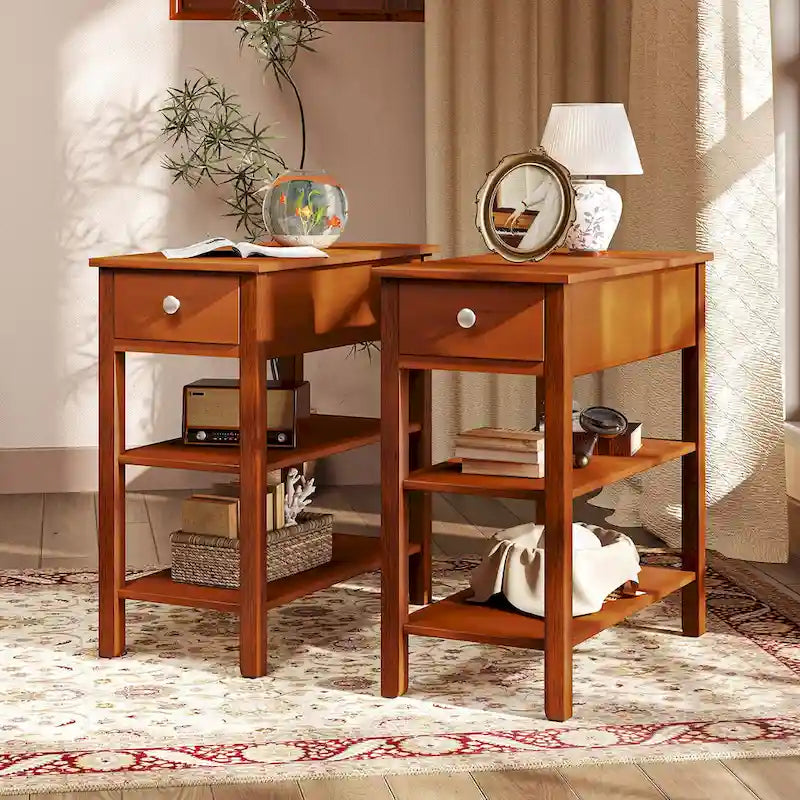 Gymax Lot de 2 tables d'appoint étroites avec tiroirs et pieds en bois d'hévéa pour canapé