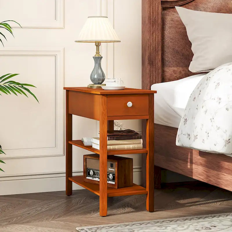 Gymax Lot de 2 tables d'appoint étroites avec tiroirs et pieds en bois d'hévéa pour canapé