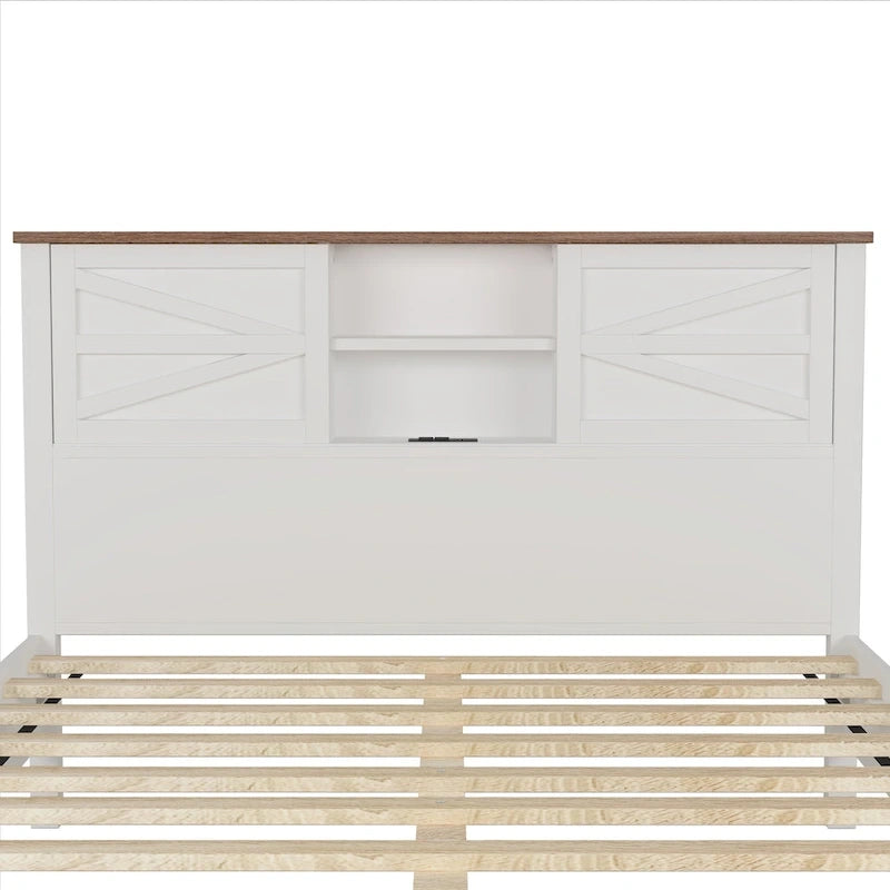 Lit plateforme de style campagnard avec double porte coulissante de style grange et station de recharge