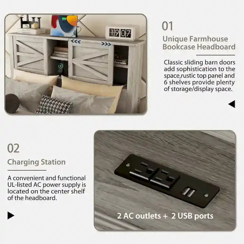 Lit plateforme de style campagnard avec double porte coulissante de style grange et station de recharge