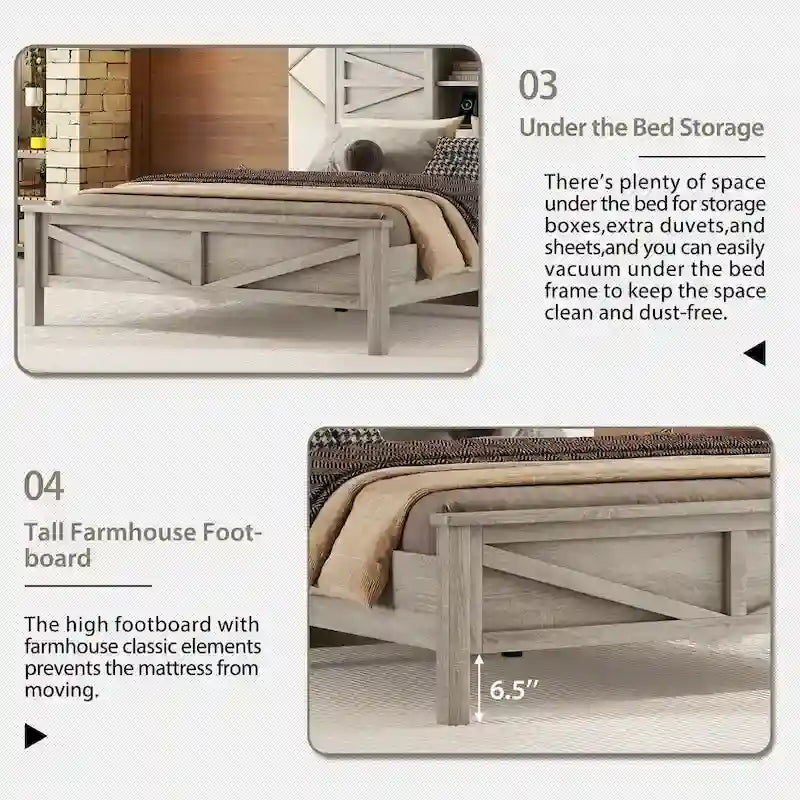Lit plateforme de style campagnard avec double porte coulissante de style grange et station de recharge
