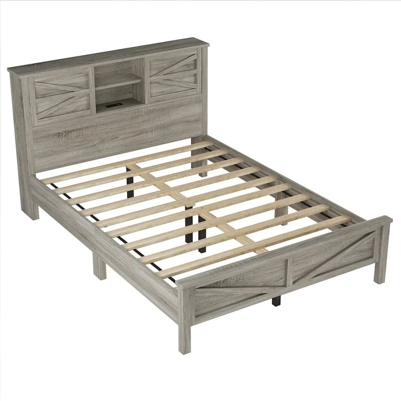 Lit plateforme de style campagnard avec double porte coulissante de style grange et station de recharge