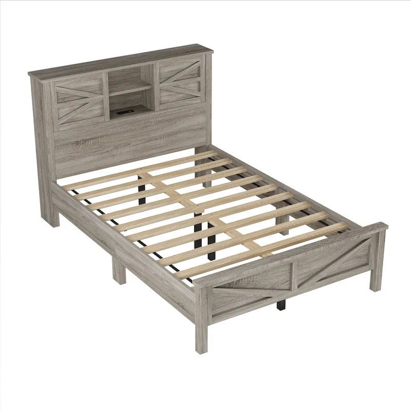 Lit plateforme de style campagnard avec double porte coulissante de style grange et station de recharge