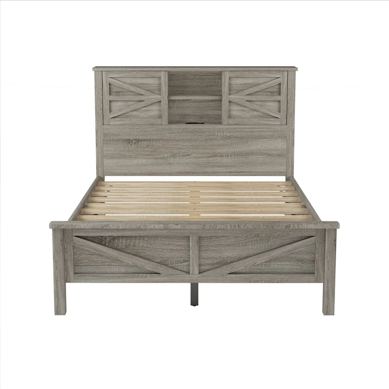 Lit plateforme de style campagnard avec double porte coulissante de style grange et station de recharge