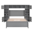 Lit double en bois gris avec armoire de rangement intégrée, étagère et tiroirs, ports USB