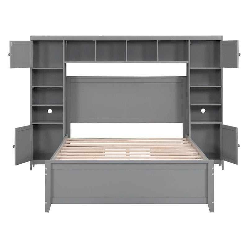 Lit double en bois gris avec armoire de rangement intégrée, étagère et tiroirs, ports USB