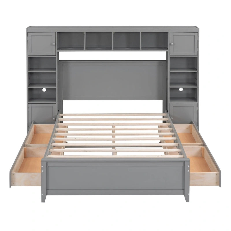 Lit double en bois gris avec armoire de rangement intégrée, étagère et tiroirs, ports USB