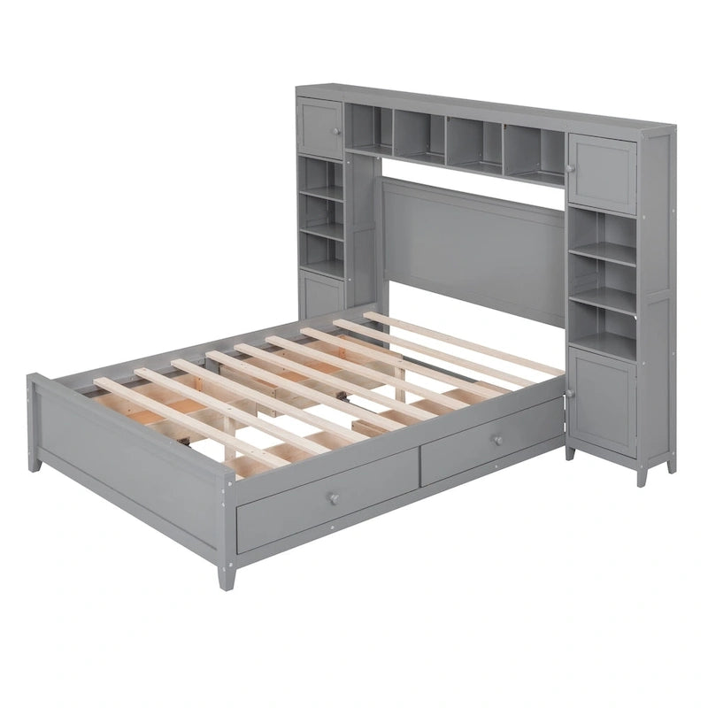 Lit double en bois gris avec armoire de rangement intégrée, étagère et tiroirs, ports USB