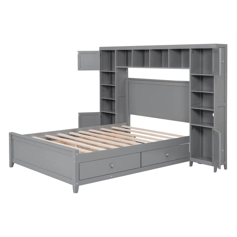Lit double en bois gris avec armoire de rangement intégrée, étagère et tiroirs, ports USB