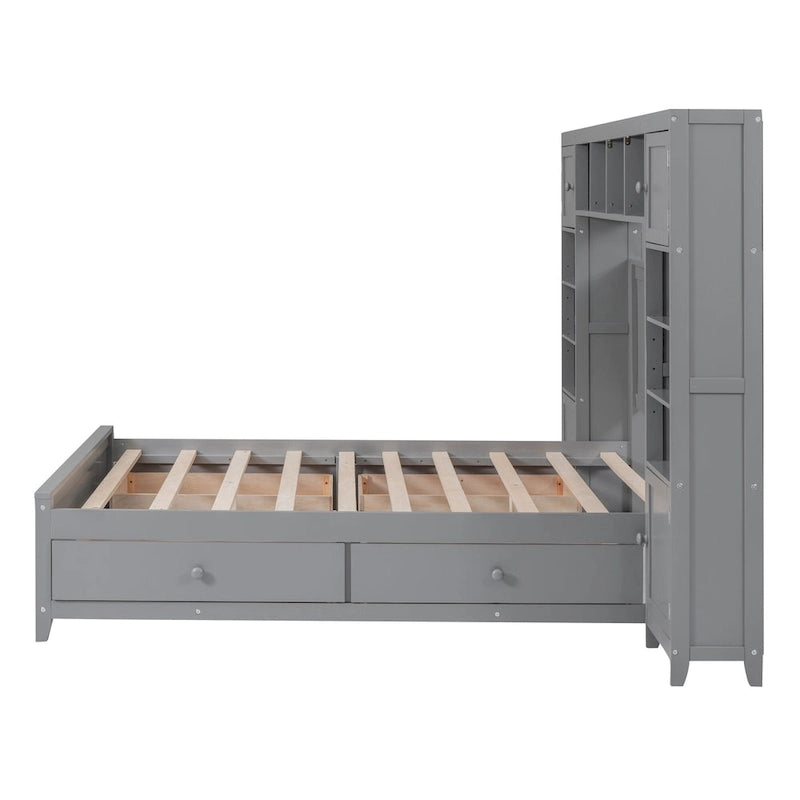 Lit double en bois gris avec armoire de rangement intégrée, étagère et tiroirs, ports USB