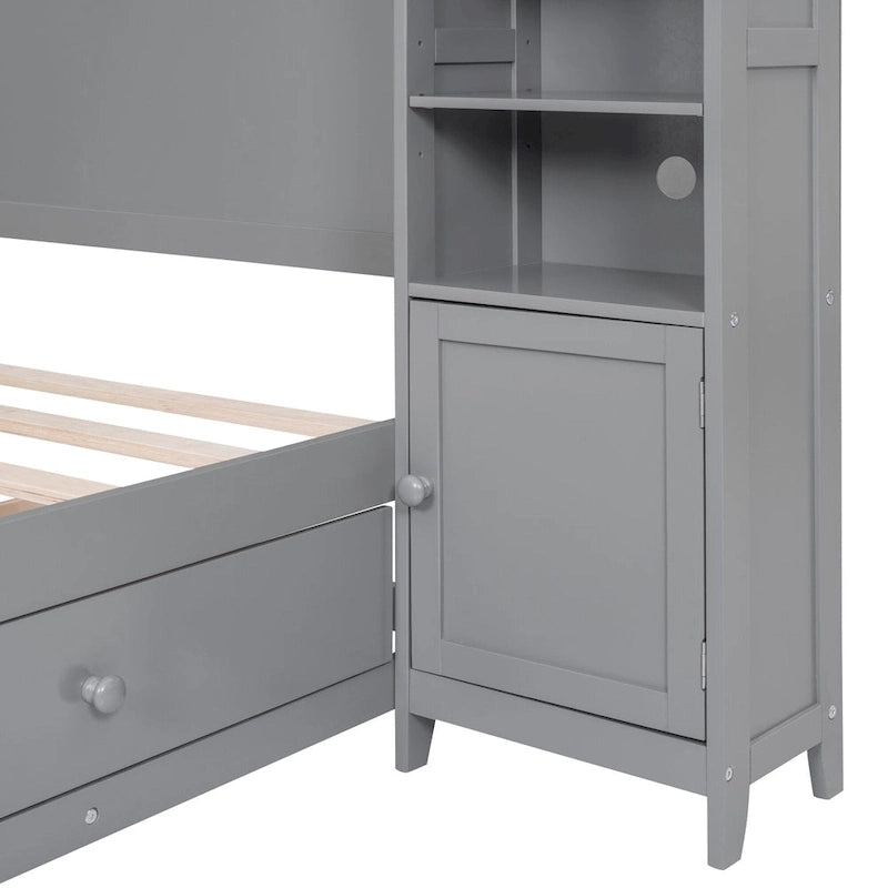 Lit double en bois gris avec armoire de rangement intégrée, étagère et tiroirs, ports USB