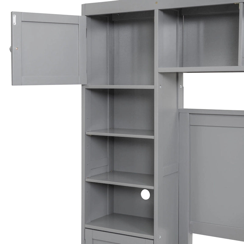 Lit double en bois gris avec armoire de rangement intégrée, étagère et tiroirs, ports USB