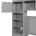 Lit double en bois gris avec armoire de rangement intégrée, étagère et tiroirs, ports USB