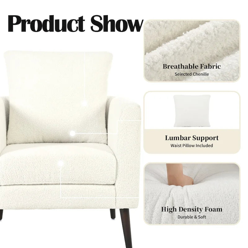 Fauteuil moderne rembourré de 68 cm avec pieds en bois massif et coussin lombaire