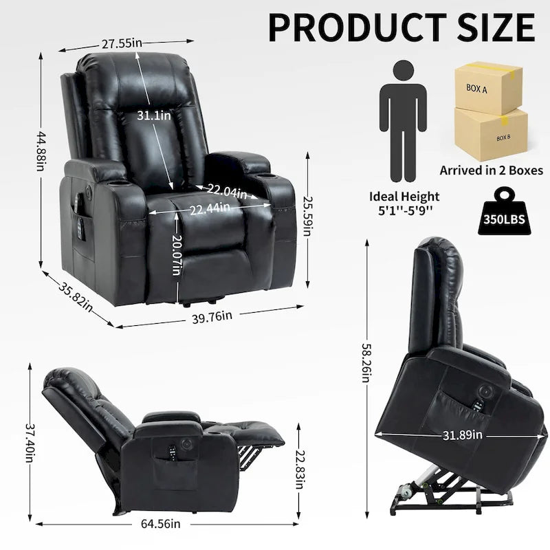 Fauteuil inclinable électrique noir avec massage, chauffage et structure robuste