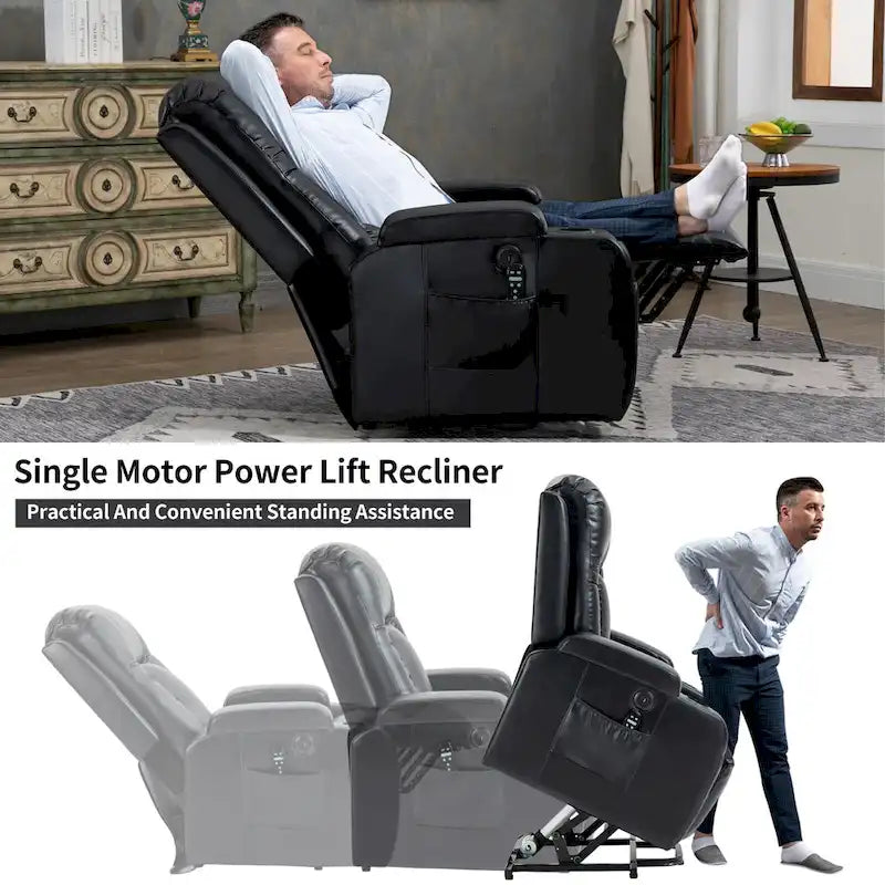Fauteuil inclinable électrique noir avec massage, chauffage et structure robuste