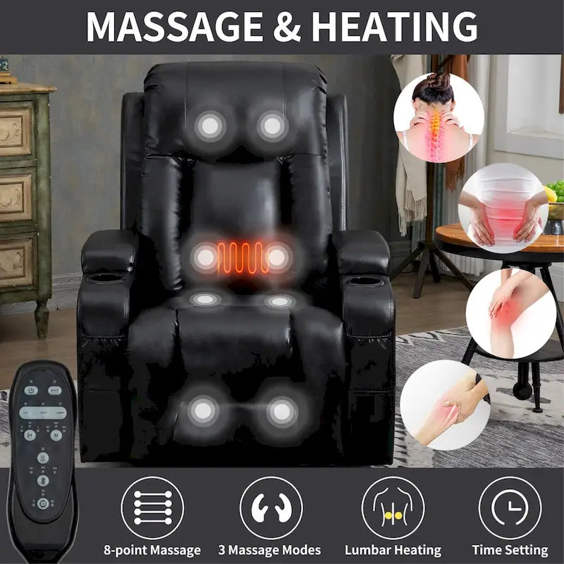 Fauteuil inclinable électrique noir avec massage, chauffage et structure robuste