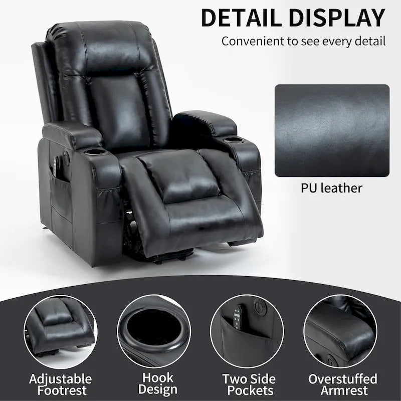 Fauteuil inclinable électrique noir avec massage, chauffage et structure robuste
