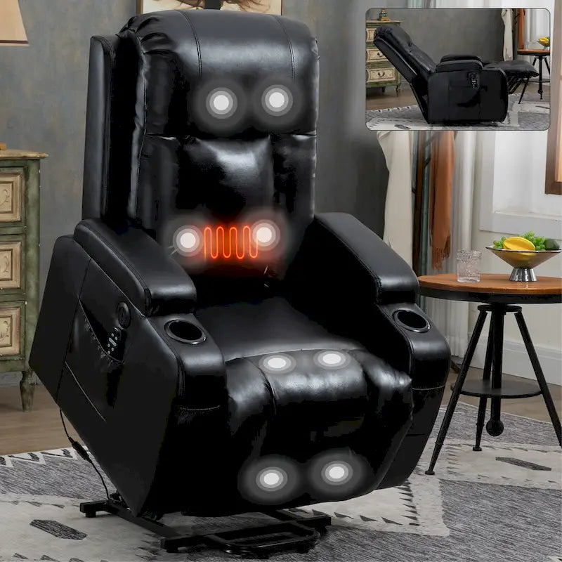 Fauteuil inclinable électrique noir avec massage, chauffage et structure robuste