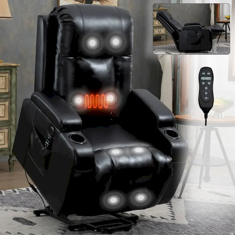 Fauteuil inclinable électrique noir avec massage, chauffage et structure robuste