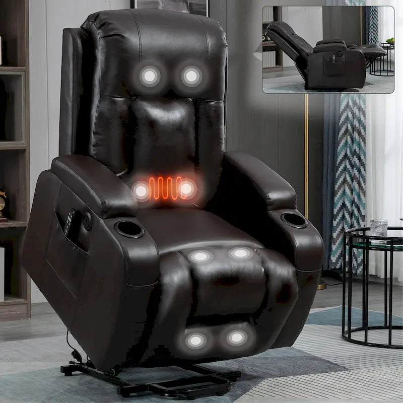 Fauteuil inclinable électrique noir avec massage, chauffage et structure robuste