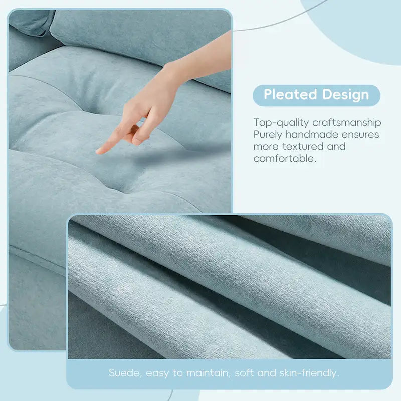 Canapé d'angle convertible 4 places en forme de L bleu 100 avec pouf amovible et coussins assortis, idéal pour le salon