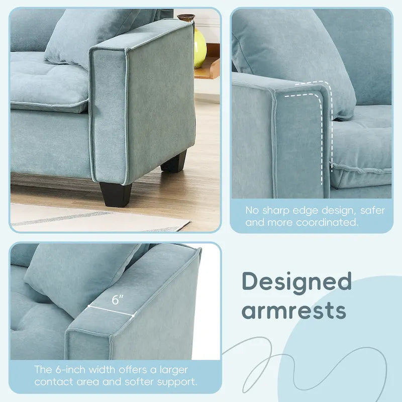 Canapé d'angle convertible 4 places en forme de L bleu 100 avec pouf amovible et coussins assortis, idéal pour le salon