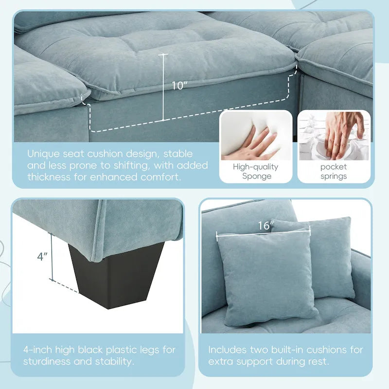 Canapé d'angle convertible 4 places en forme de L bleu 100 avec pouf amovible et coussins assortis, idéal pour le salon