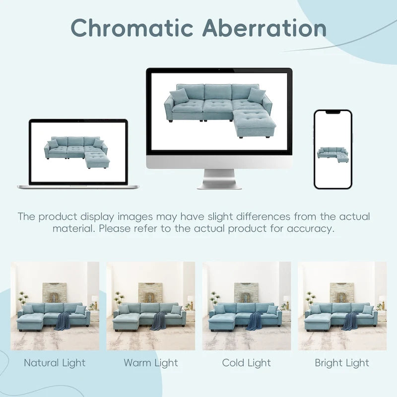 Canapé d'angle convertible 4 places en forme de L bleu 100 avec pouf amovible et coussins assortis, idéal pour le salon