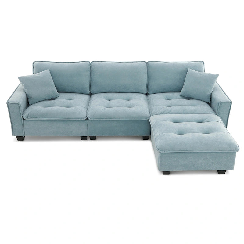 Canapé d'angle convertible 4 places en forme de L bleu 100 avec pouf amovible et coussins assortis, idéal pour le salon