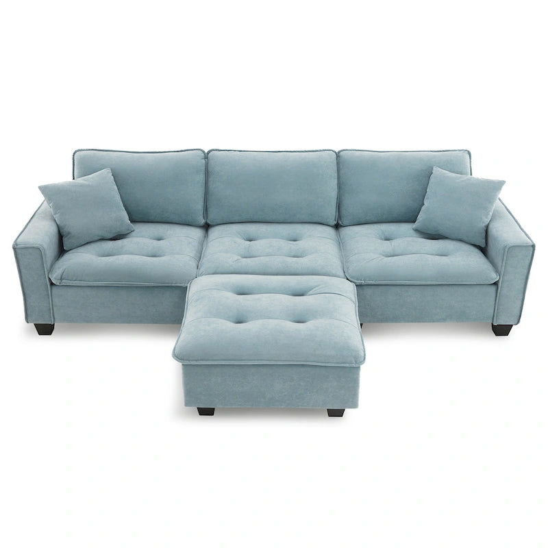 Canapé d'angle convertible 4 places en forme de L bleu 100 avec pouf amovible et coussins assortis, idéal pour le salon