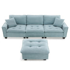 Canapé d'angle convertible 4 places en forme de L bleu 100 avec pouf amovible et coussins assortis, idéal pour le salon