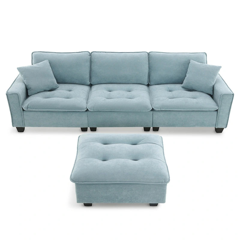 Canapé d'angle convertible 4 places en forme de L bleu 100 avec pouf amovible et coussins assortis, idéal pour le salon