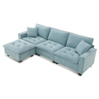 Canapé d'angle convertible 4 places en forme de L bleu 100 avec pouf amovible et coussins assortis, idéal pour le salon