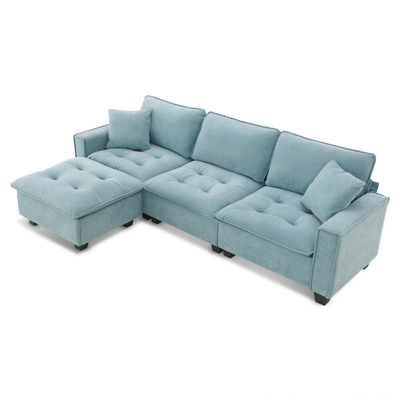Canapé d'angle convertible 4 places en forme de L bleu 100 avec pouf amovible et coussins assortis, idéal pour le salon